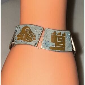 Vintage Sterling Silver Brass Turquoise Inlay Panel Bracelet Hencho En Mexico